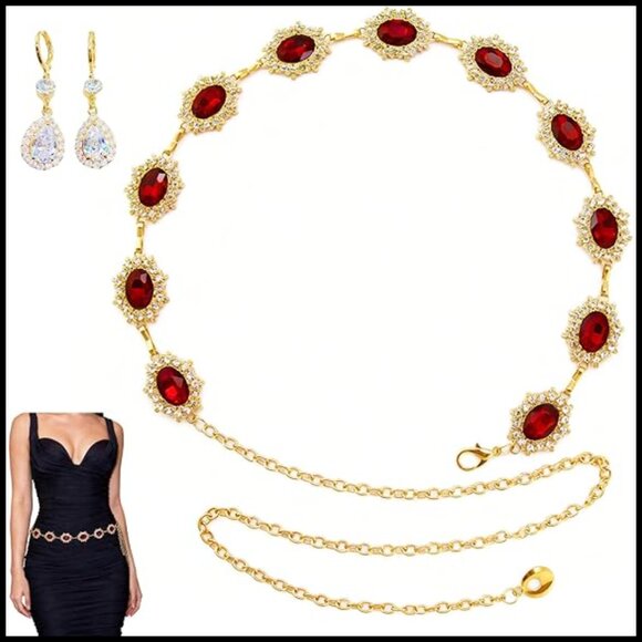 Gold Chain Belt with Rhinestones and Earrings for Dresses Jeans